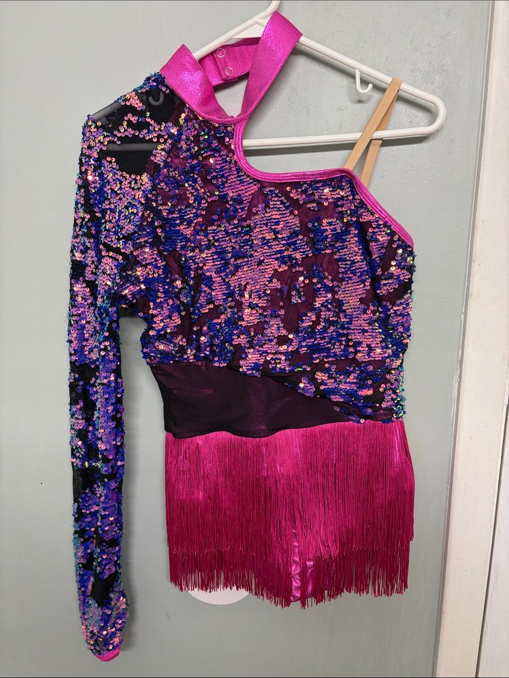 Weissman Girls Sequined One-Shoulder Dance Costume in Pink and Purple